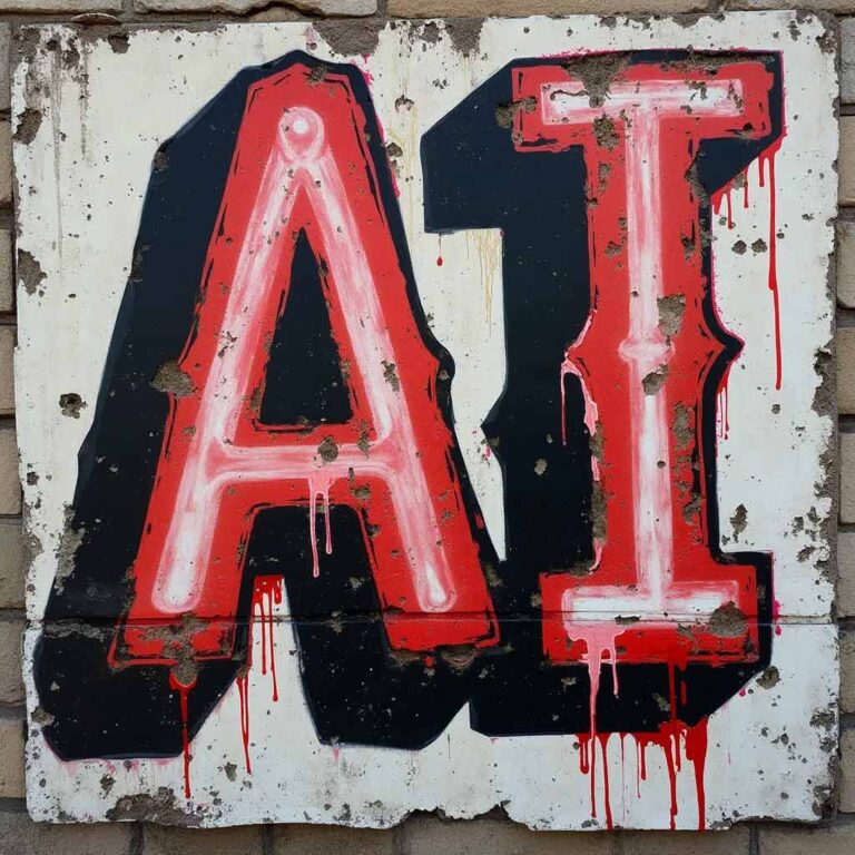 The letters AI written in pink using wheat paste style street art