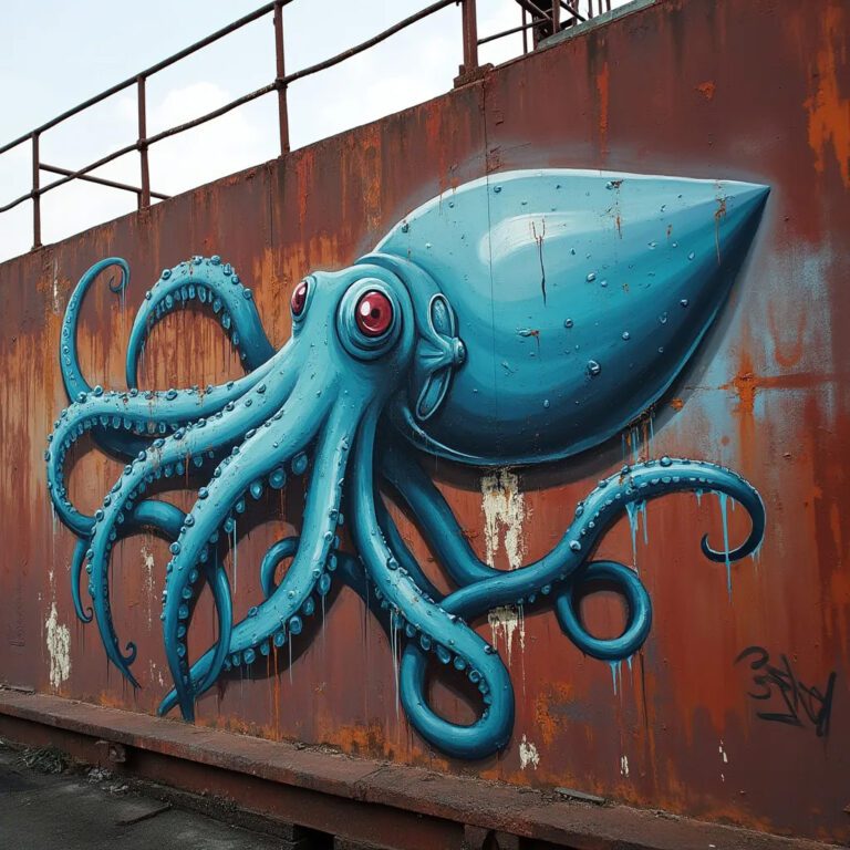 A blue squid painted on the side of a cargo ship