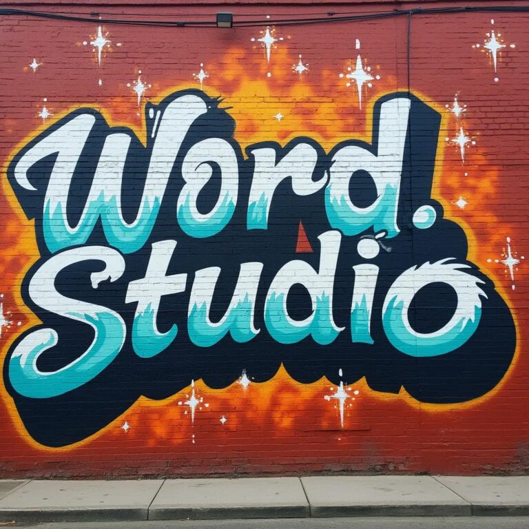 Word.Studio written in blue spray paint on red bricks