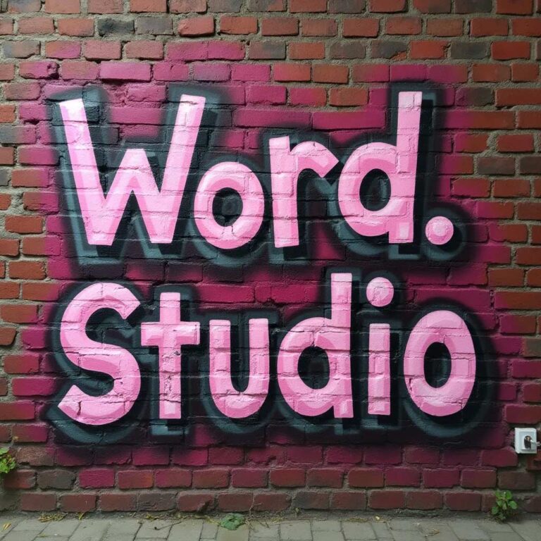 Word.Studio painted in pink on a brick wall